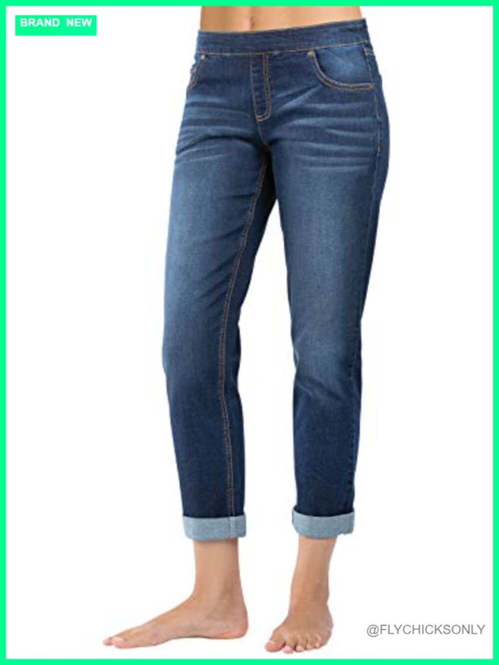 Pull-Up Boyfriend Jeans Women Elastic Waist Drawstring Faux Fly Relaxed Fit